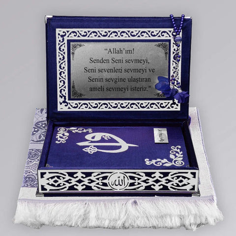 Kadife Kutulu Kur’an-ı Kerim (Lacivert, Seccadeli, Gümüş Süsleme)