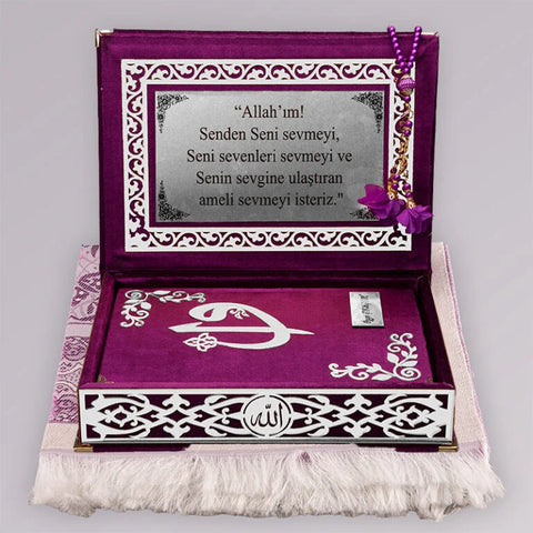Kadife Kutulu Kur’an-ı Kerim (Mor, Seccadeli, Gümüş Süsleme)