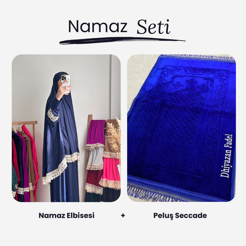 Namaz Elbisesi +  İsimli Saks Mavi Peluş Seccade Namaz Seti
