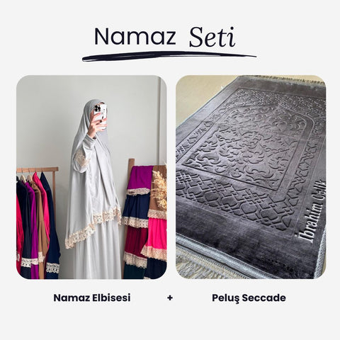 Namaz Elbisesi +  İsimli Gri Peluş Seccade Namaz Seti