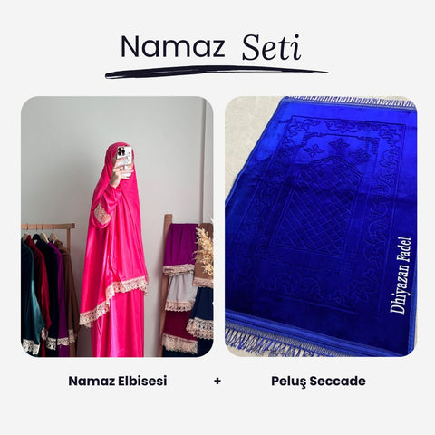 Namaz Elbisesi +  İsimli Saks Mavi Peluş Seccade Namaz Seti