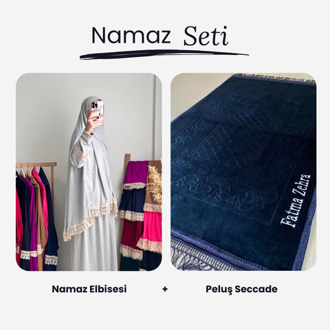 Namaz Elbisesi +  İsimli Lacivert Peluş Seccade Namaz Seti