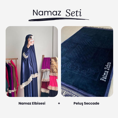 Namaz Elbisesi +  İsimli Lacivert Peluş Seccade Namaz Seti