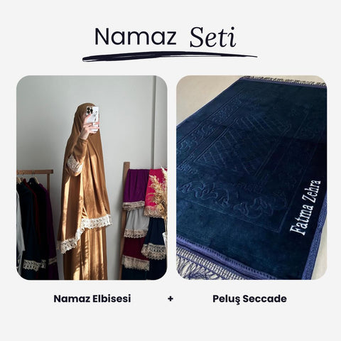 Namaz Elbisesi +  İsimli Lacivert Peluş Seccade Namaz Seti
