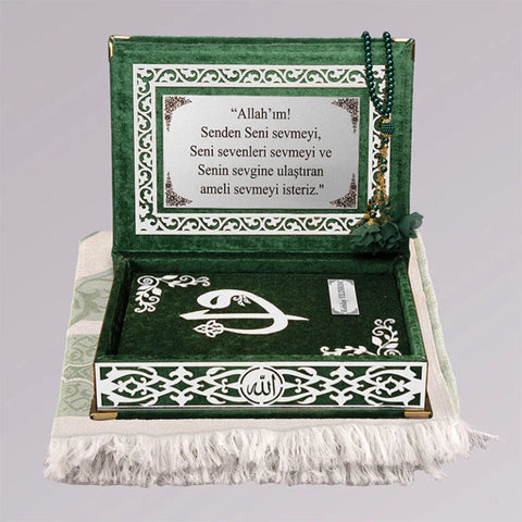 Kadife Kutulu Kur’an-ı Kerim (Yeşil, Seccadeli, Gümüş Süsleme)
