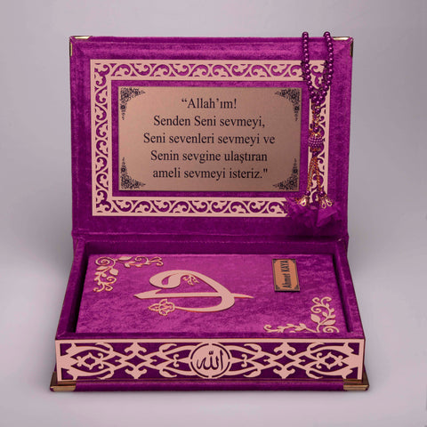 Kadife Kutulu Kur'an-ı Kerim (Lila, Gold Süsleme)
