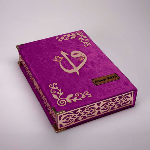 Kadife Kutulu Kur'an-ı Kerim (Lila, Gold Süsleme)