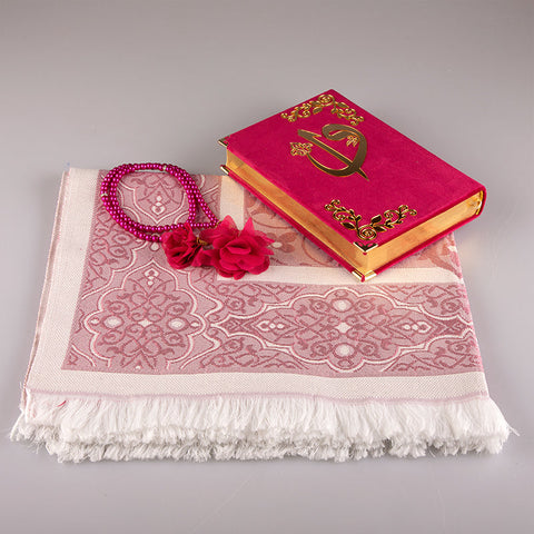 Asetat Kutulu Kadife Kuran-ı Kerim Seti (Fuşya Pembe)