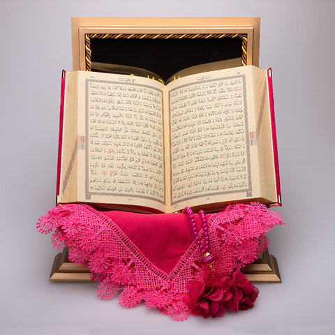 Ahşap Sandıklı Kur’an-ı Kerim Seti (Fuşya Pembe)