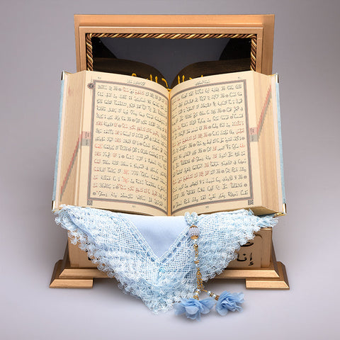 Ahşap Sandıklı Kur’an-ı Kerim Seti (Gökyüzü Mavi)