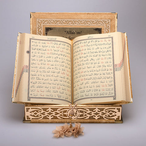 Kadife Kutulu Kur'an-ı Kerim (Gold, Gold Süsleme)