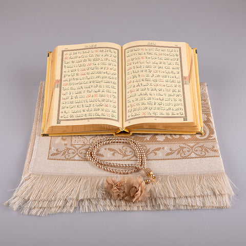 Asetat Kutulu Kadife Kuran-ı Kerim Seti (Gold)