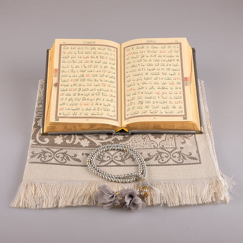 Asetat Kutulu Kadife Kuran-ı Kerim Seti (Gri)
