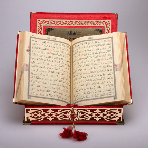 Kadife Kutulu Kur'an-ı Kerim (Kırmızı, Gold Süsleme)