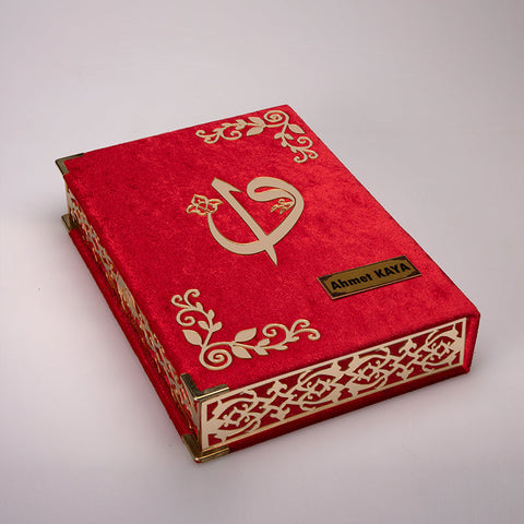 Kadife Kutulu Kur'an-ı Kerim (Kırmızı, Gold Süsleme)