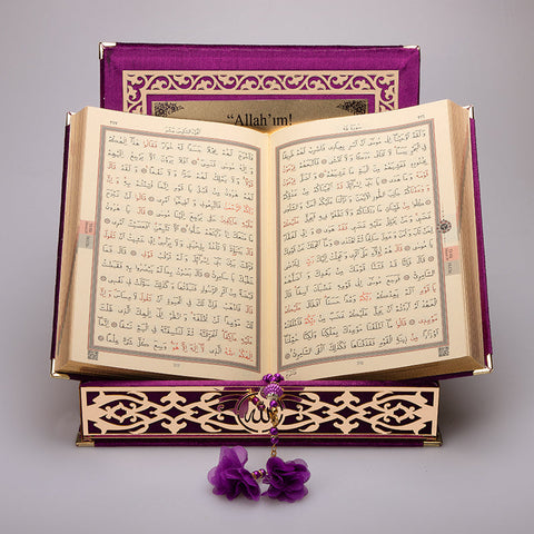 Kadife Kutulu Kur'an-ı Kerim (Mor, Gold Süsleme)