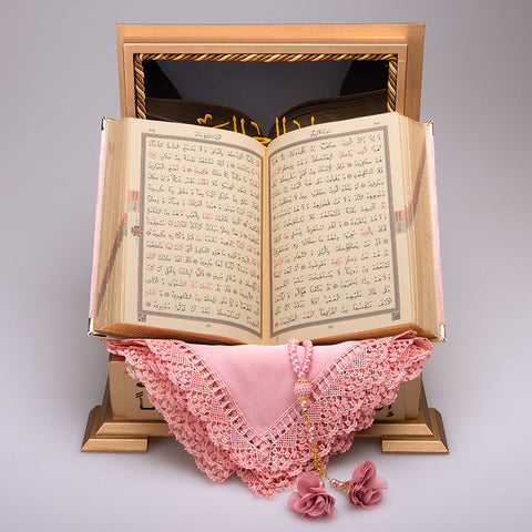 Ahşap Sandıklı Kur’an-ı Kerim Seti (Pudra Pembe)