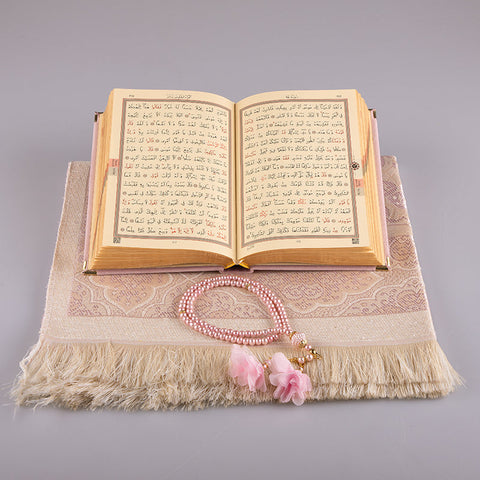 Asetat Kutulu Kadife Kuran-ı Kerim Seti (Pudra Pembe)