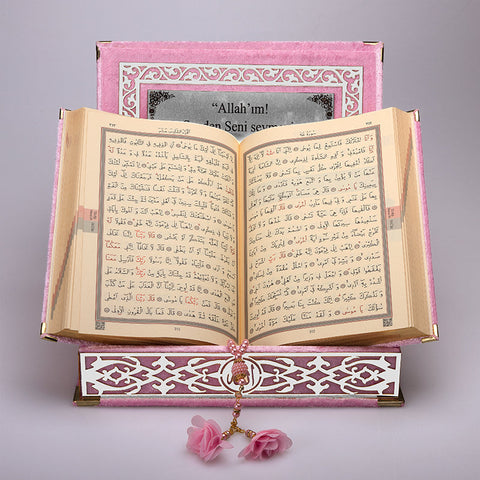 Kadife Kutulu Kur'an-ı Kerim (Bebe Pembe, Gümüş Süsleme)