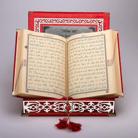 Kadife Kutulu Kur'an-ı Kerim (Kırmızı, Gümüş Süsleme)