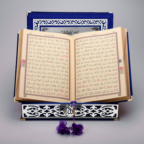 Kadife Kutulu Kur'an-ı Kerim (Lacivert, Gümüş Süsleme)