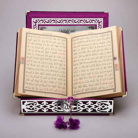 Kadife Kutulu Kur'an-ı Kerim (Mor, Gümüş Süsleme)